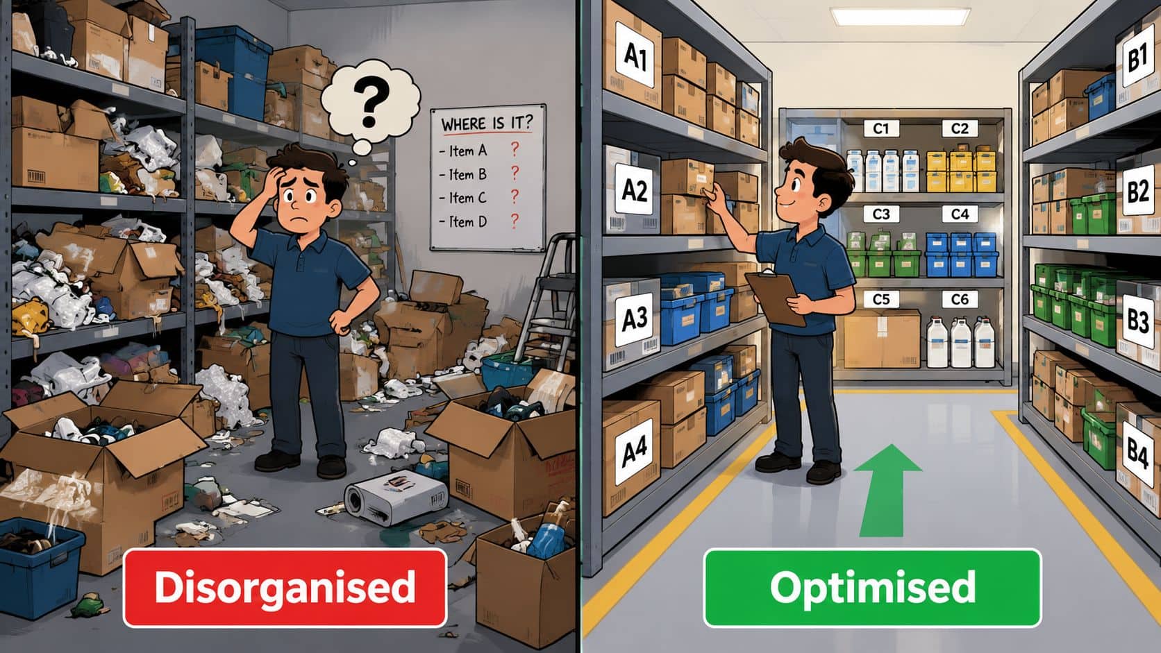 A split image comparing a messy, disorganised warehouse to a clean, optimised storage facility with labeled shelves.