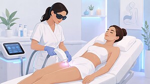 Tratamento cutâneo a laser realizado por um técnico num paciente num ambiente clínico.