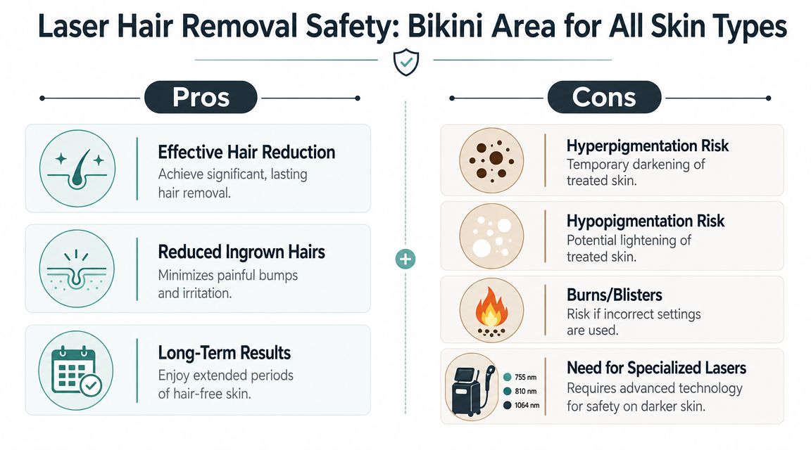 An infographic comparing the pros and cons of laser hair removal for the bikini area.