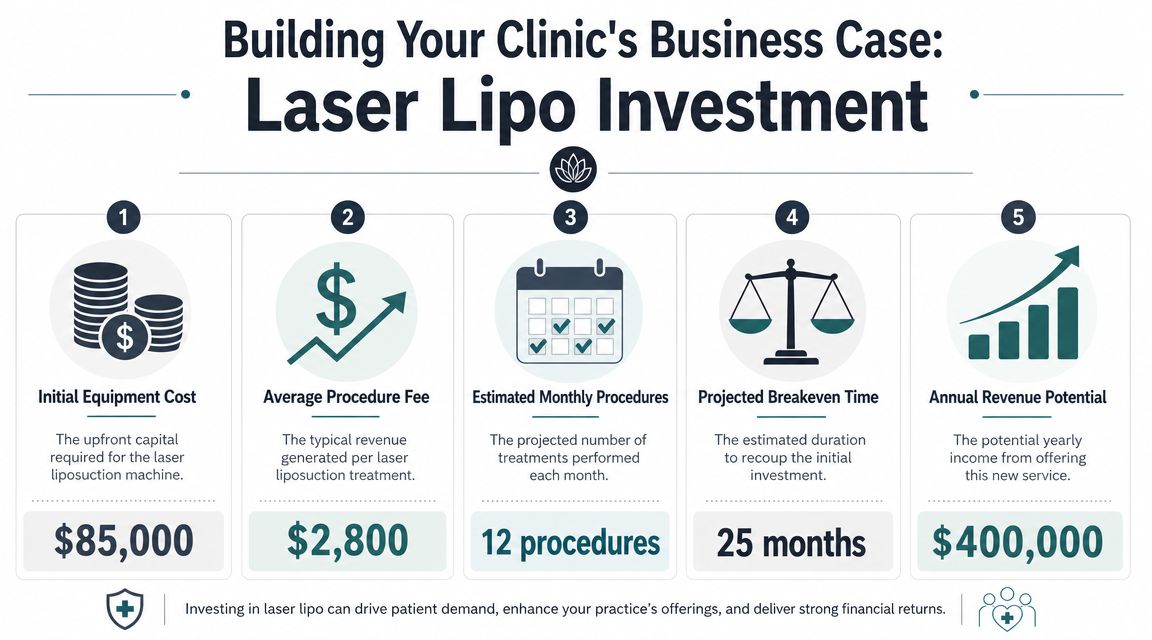 A business case infographic detailing the costs and financial projections of a laser liposuction machine investment.