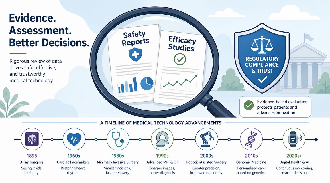 An infographic illustrating medical technology advancements and the importance of evidence-based regulatory compliance and safety.