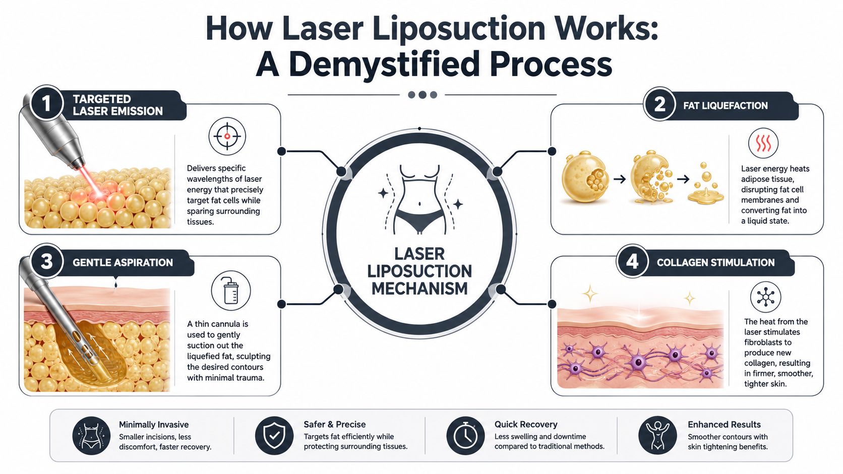 An infographic showing the four-step process of laser liposuction, from laser emission to collagen stimulation and recovery.