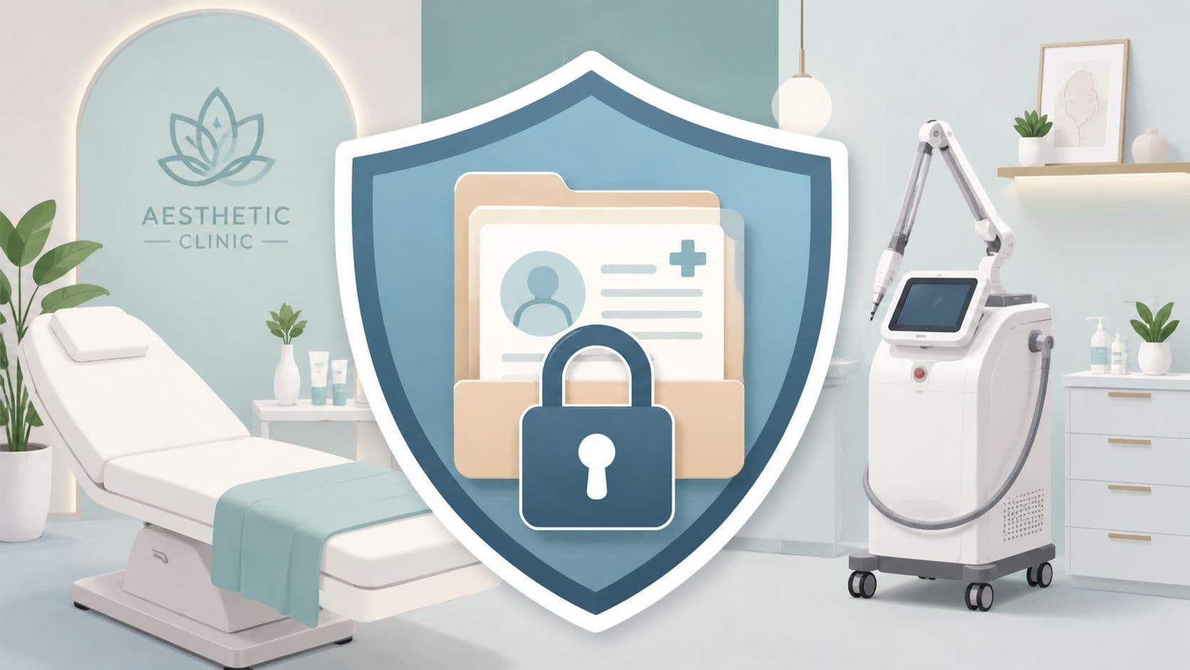 Modern aesthetic clinic with laser treatment equipment and secure data protection.