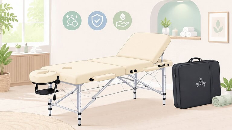 Mesa de massagem com apoio para a cabeça ajustável e estrutura robusta para tratamentos profissionais. Ideal para...
