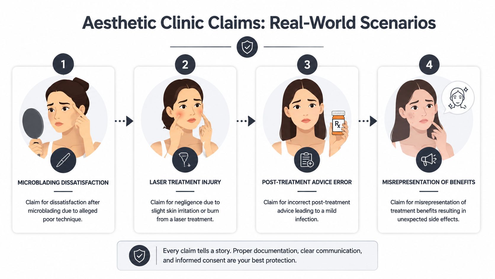 Illustration of four aesthetic clinic claim scenarios with patients and professionals.