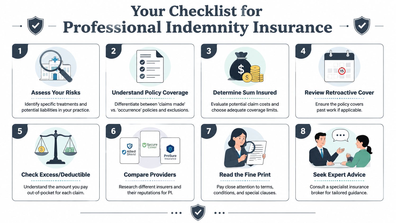 Checklist for professional indemnity insurance for aesthetic clinics.