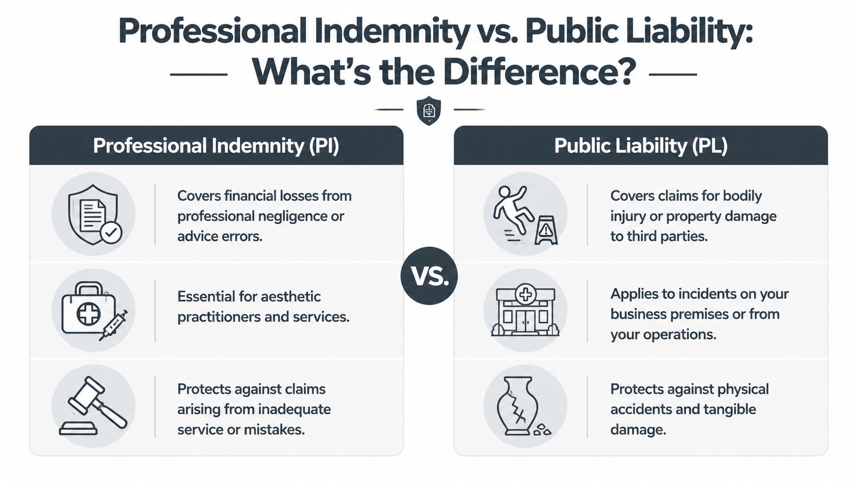 Comparison of professional indemnity and public liability insurance for clinics.