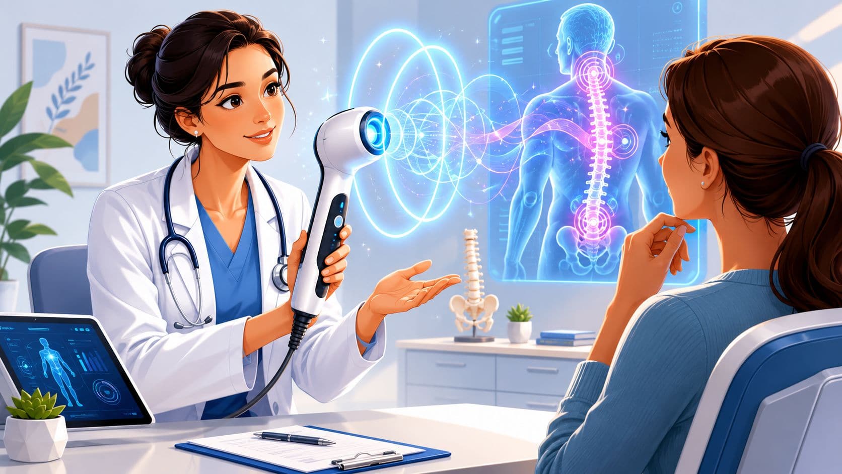 Médico a explicar o tratamento a laser a um doente, com recurso a uma tomografia digital da coluna vertebral.