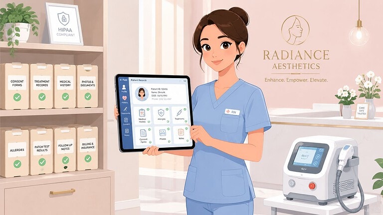 Enfermeira de estética a utilizar um tablet na clínica Omega Lasers, na África do Sul.