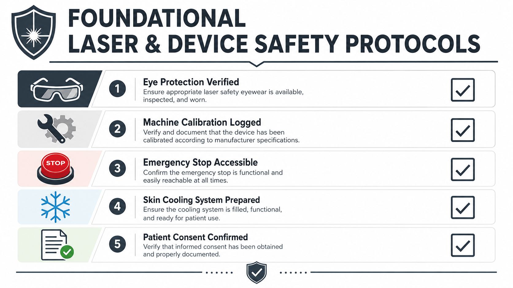 Um infográfico em forma de lista de verificação intitulado «Protocolos Básicos de Segurança para Lasers e Equipamentos», que detalha cinco medidas de segurança essenciais.