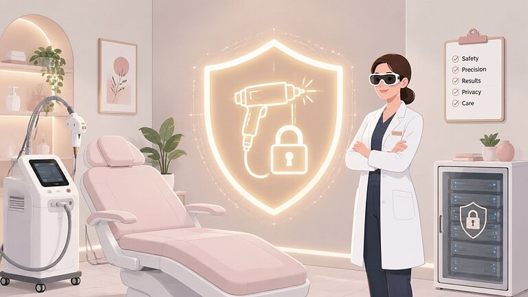 Profissional de saúde com máscara de proteção contra laser num ambiente clínico moderno.