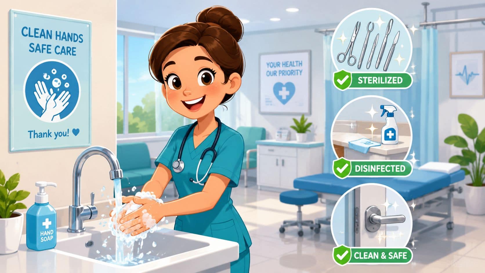 Uma enfermeira sorridente lava as mãos num ambiente clínico, com ícones que representam equipamento esterilizado, desinfectado e limpo.