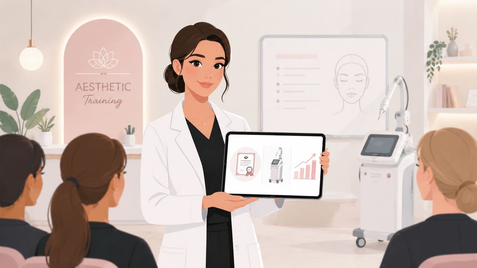 Aesthetic trainer explaining laser treatment to students in a modern clinic.