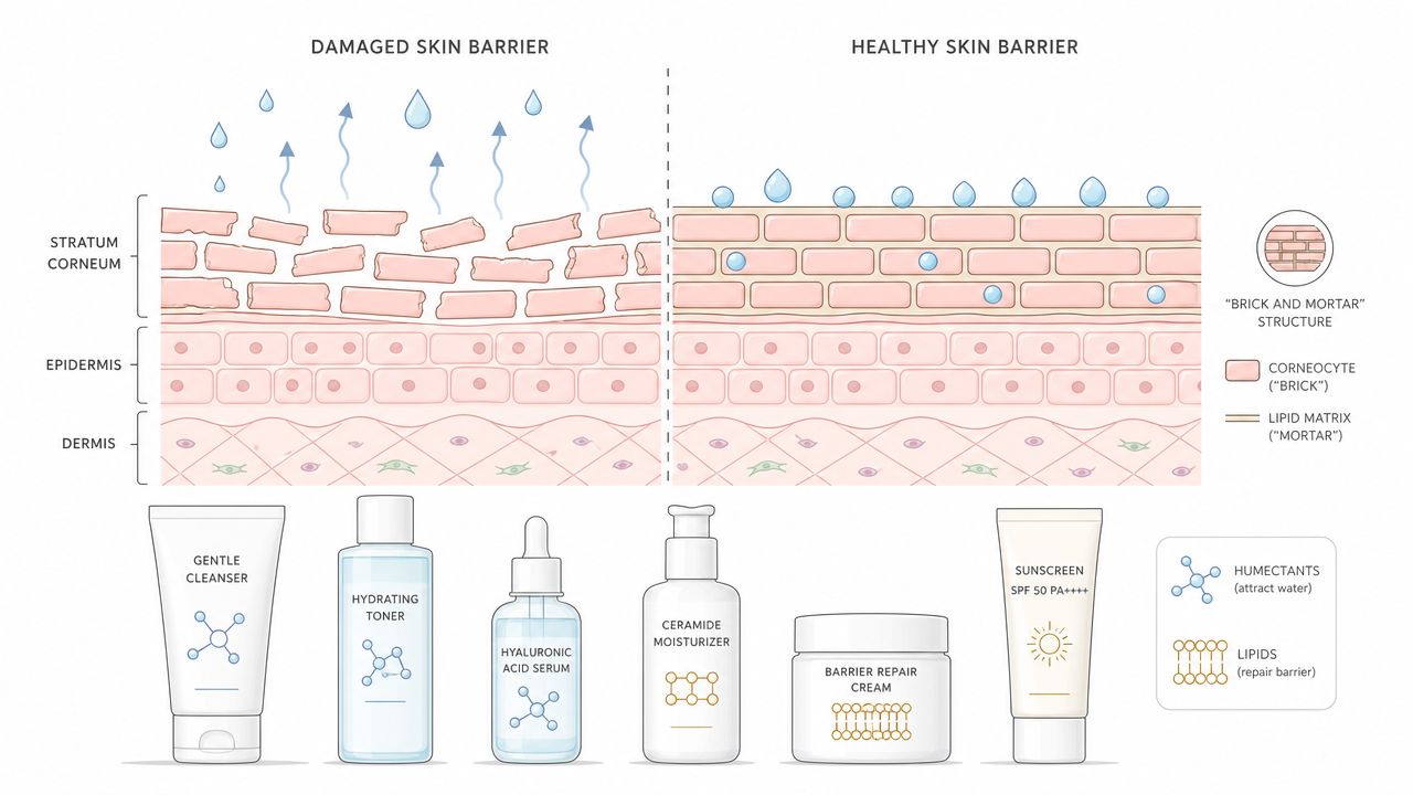 Comparação entre barreiras cutâneas danificadas e saudáveis com produtos de cuidados da pele.