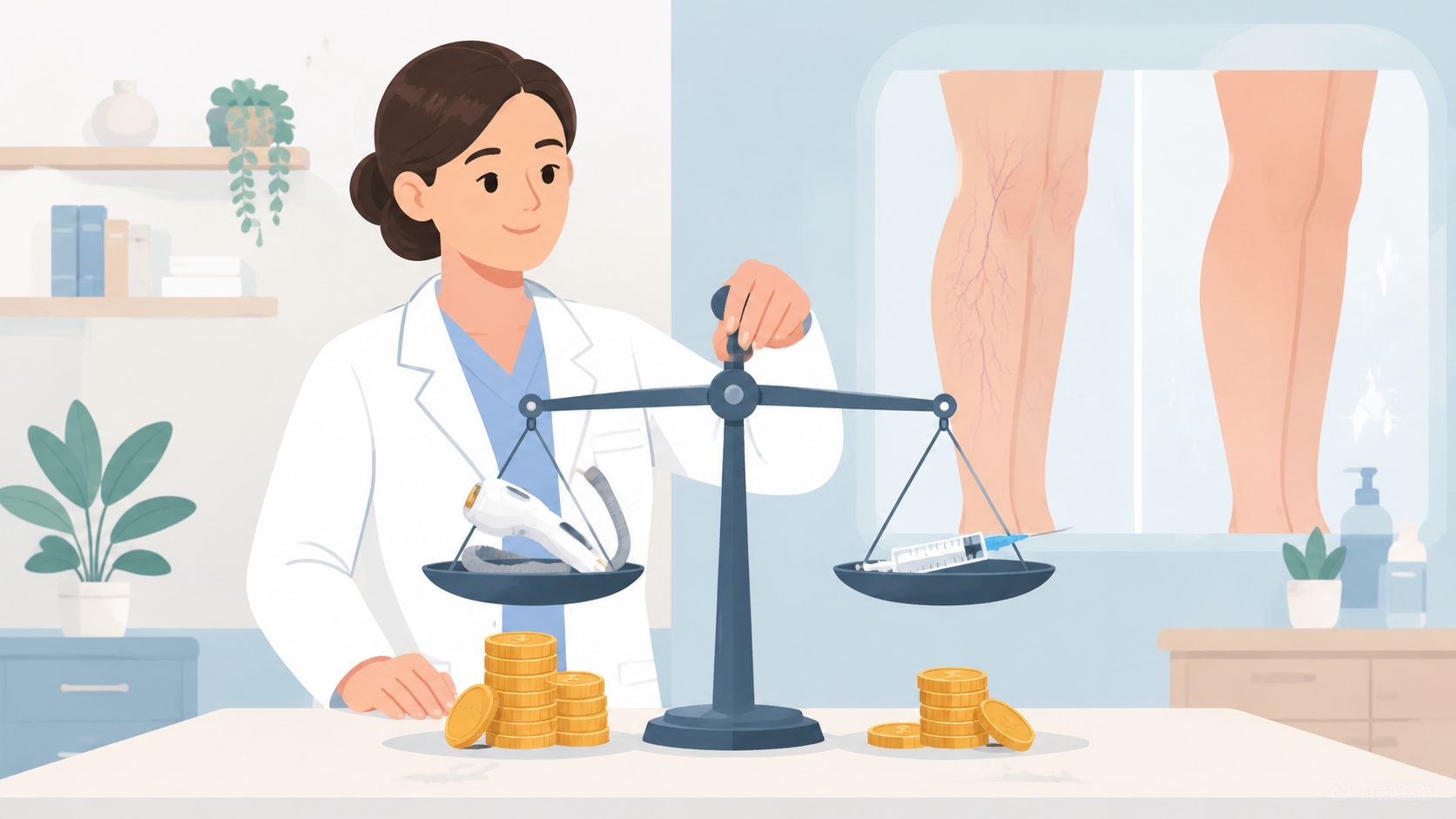 Medical professional balancing scales with coins and laser device for skin treatment.