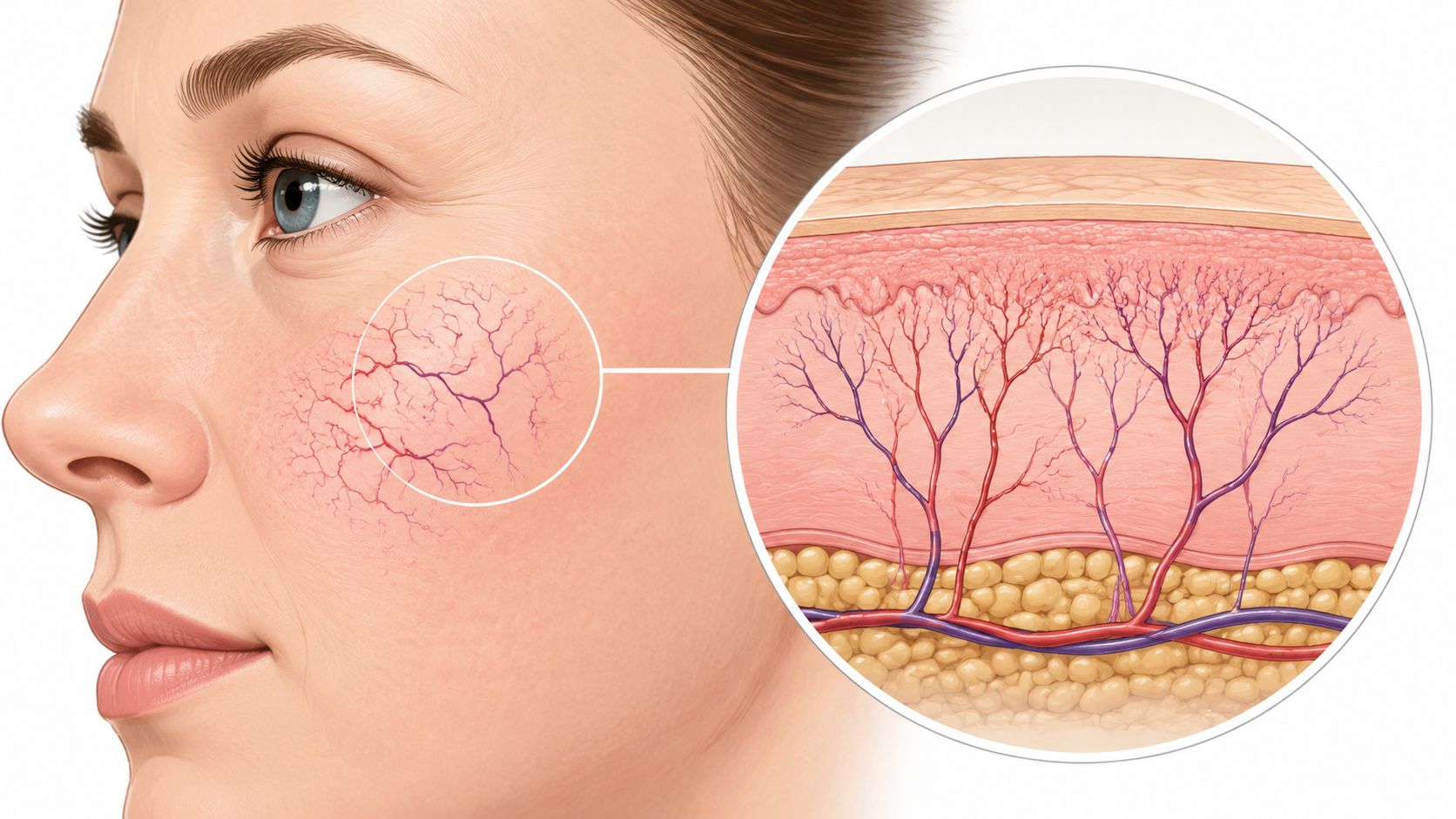 Detailed diagram of spider veins and skin layers for treatment understanding.