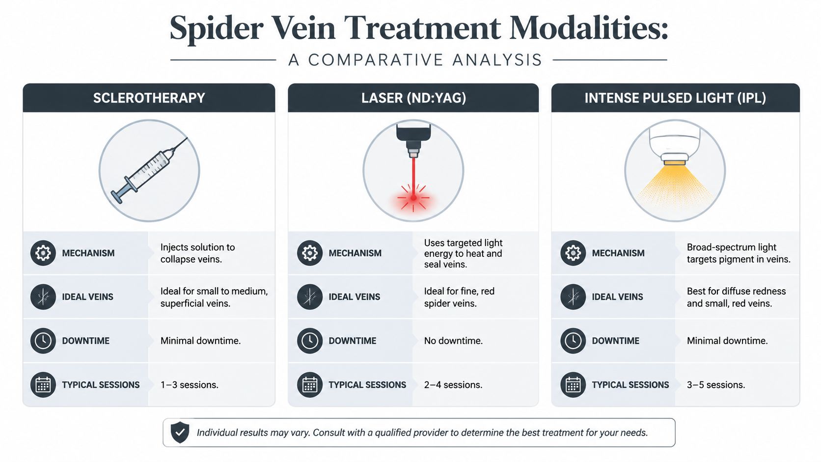 Comparison of spider vein treatment options: Sclerotherapy, Laser, IPL.