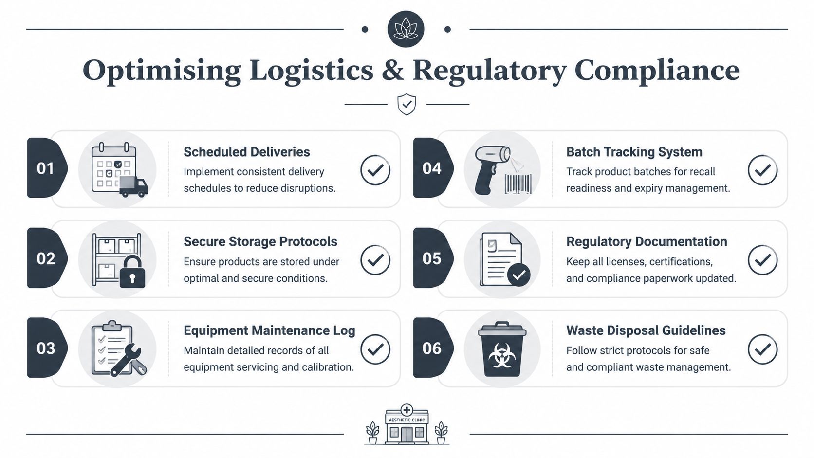 An infographic detailing six key steps for optimising logistics and regulatory compliance for an aesthetic clinic.