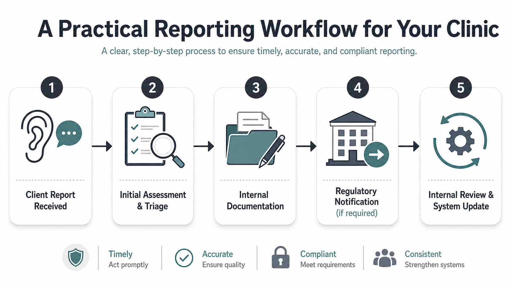 A flowchart showing a five-step clinical reporting workflow for managing client incident reports and regulatory requirements.