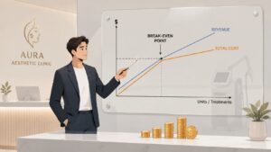 Businessman presenting revenue and cost graph at Omega Lasers clinic.