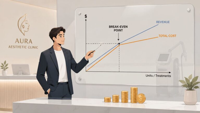 Businessman presenting revenue and cost graph at Omega Lasers clinic.