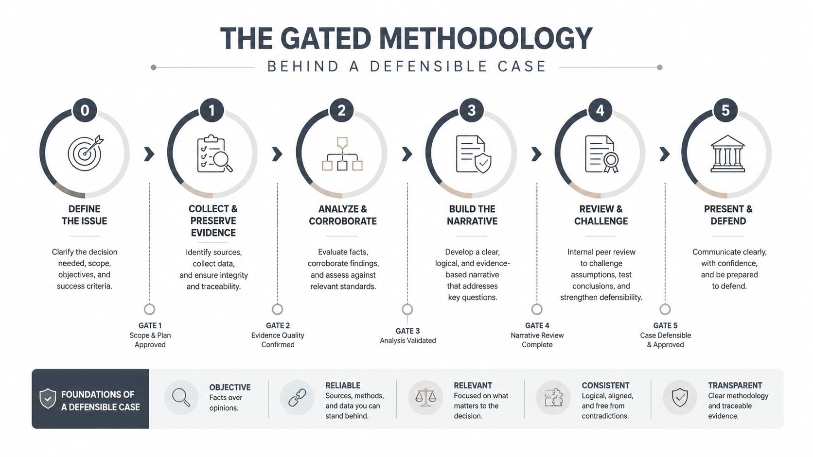 A diagram illustrating a six-step gated methodology for developing a defensible business case from issue definition to defense.