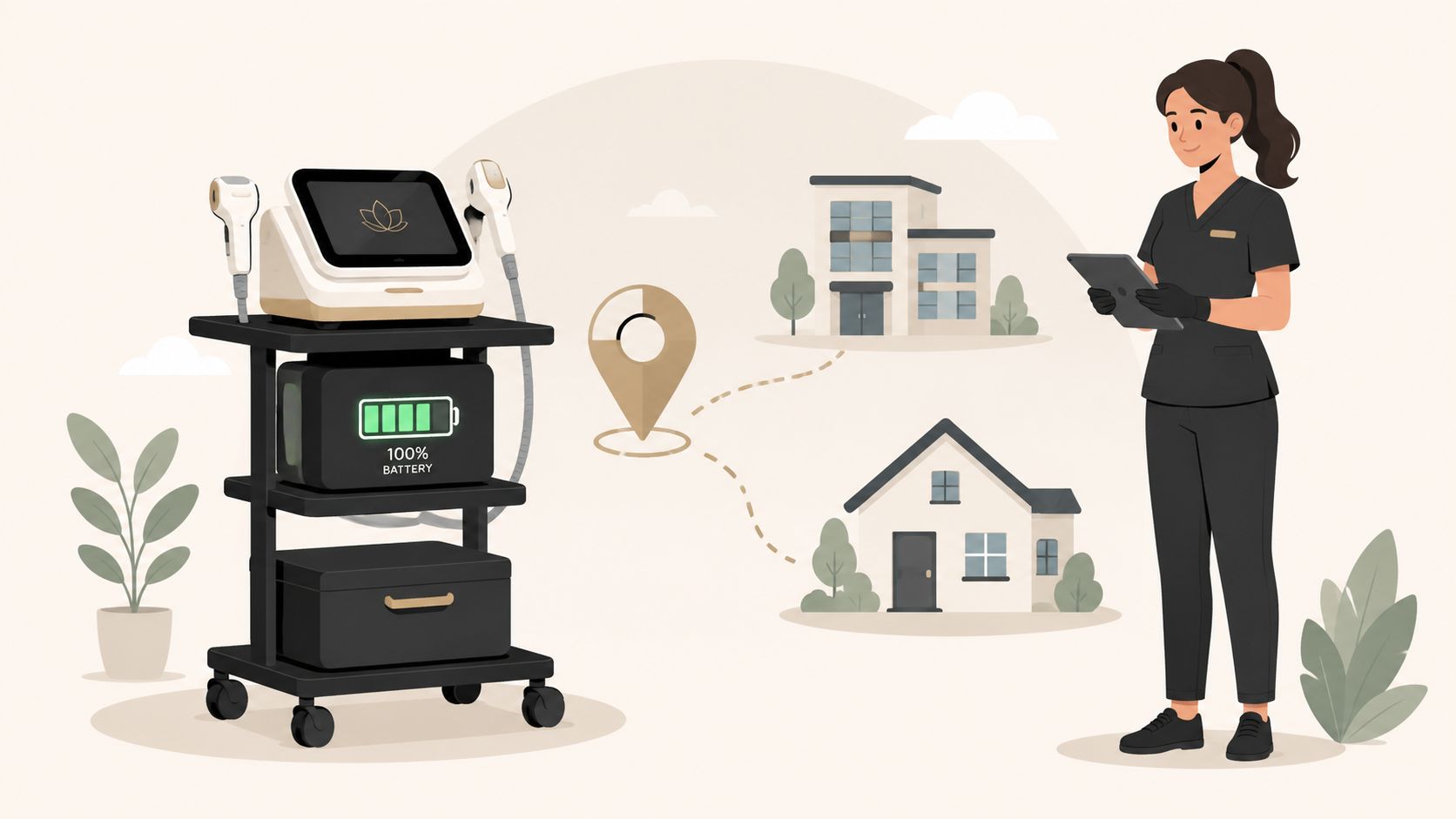 A professional aesthetician with a portable medical beauty device on a wheeled cart, highlighting mobile service convenience.