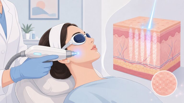 Woman receiving laser skin treatment with detailed skin layer diagram.