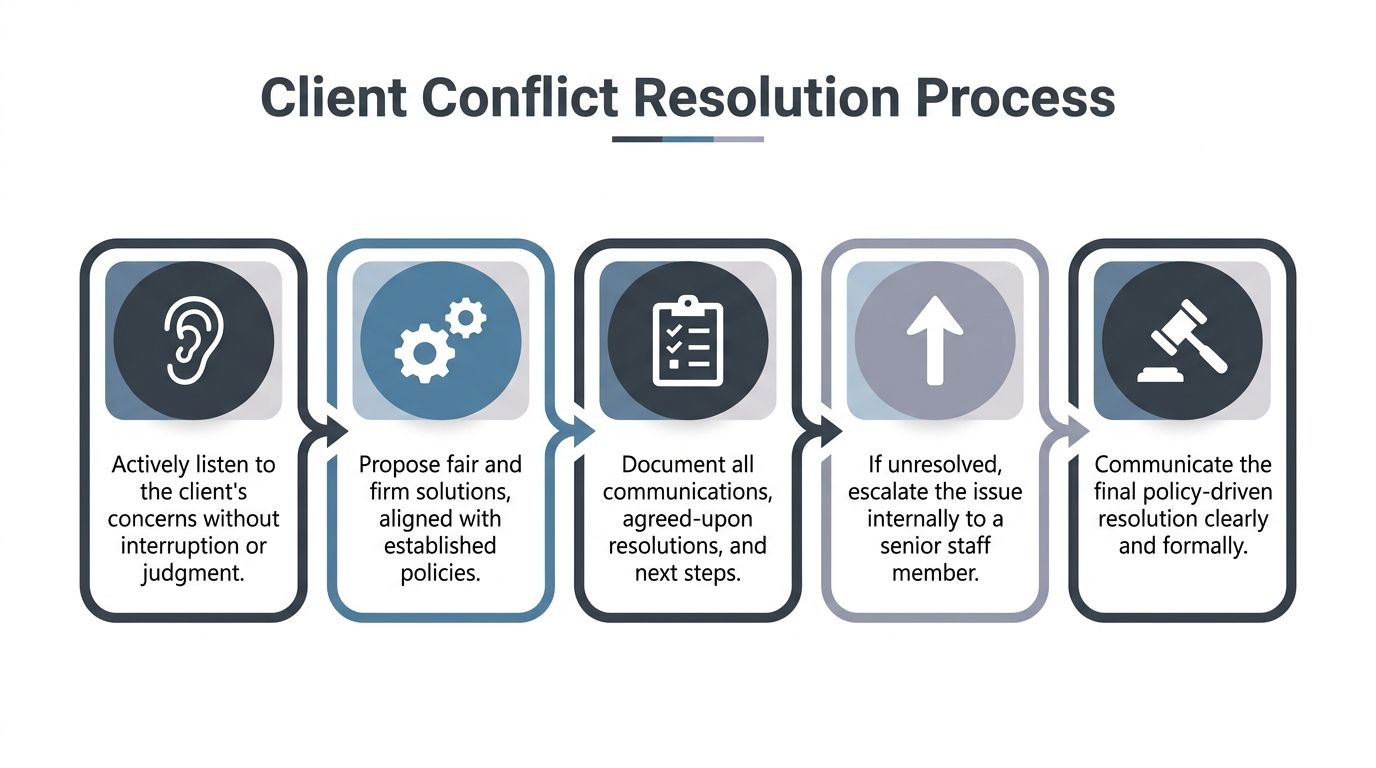 Step-by-step client conflict resolution process at Omega Lasers.