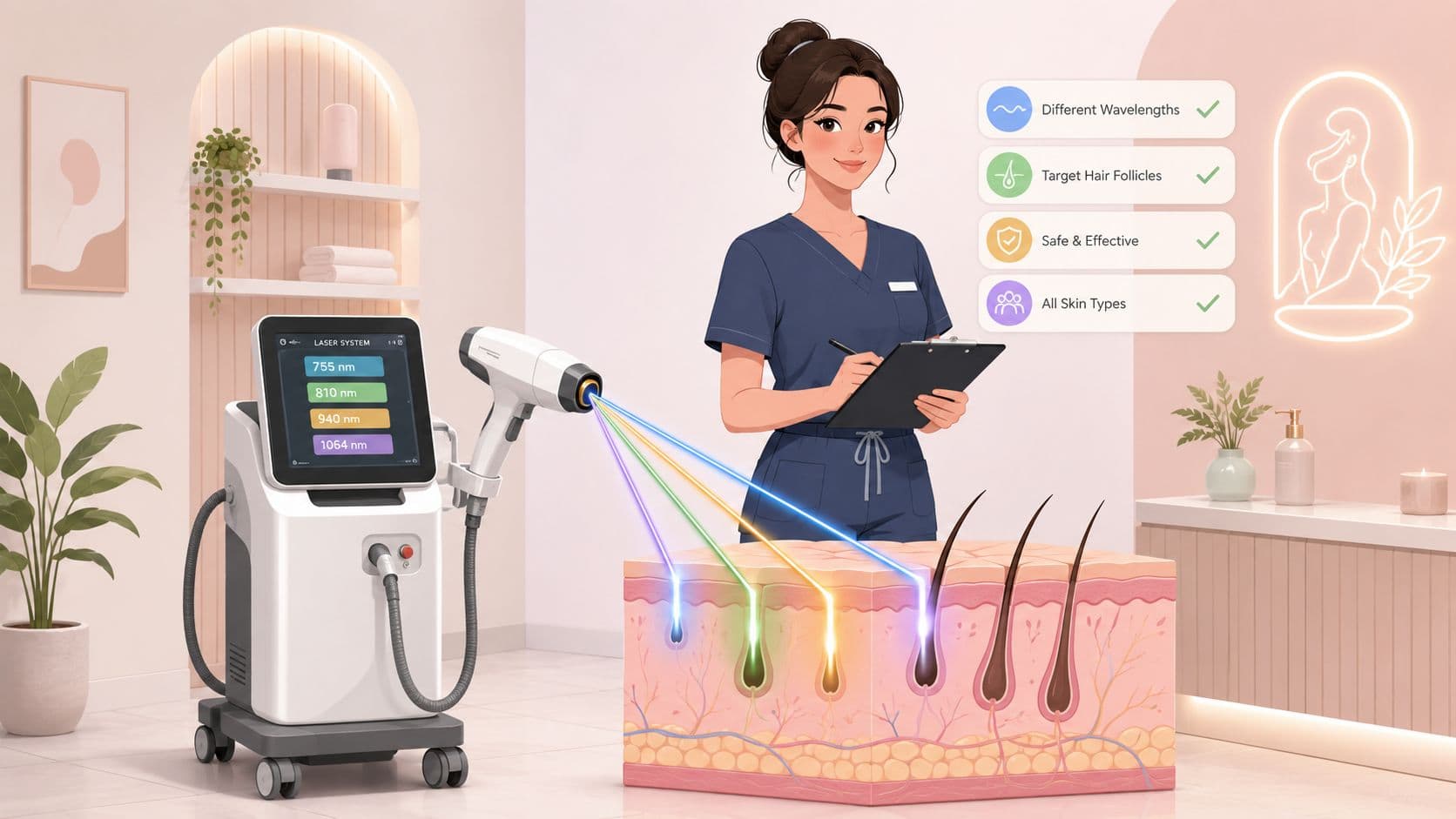 Aparelho avançado de depilação a laser com vários comprimentos de onda, adequado para todos os tipos de pele.