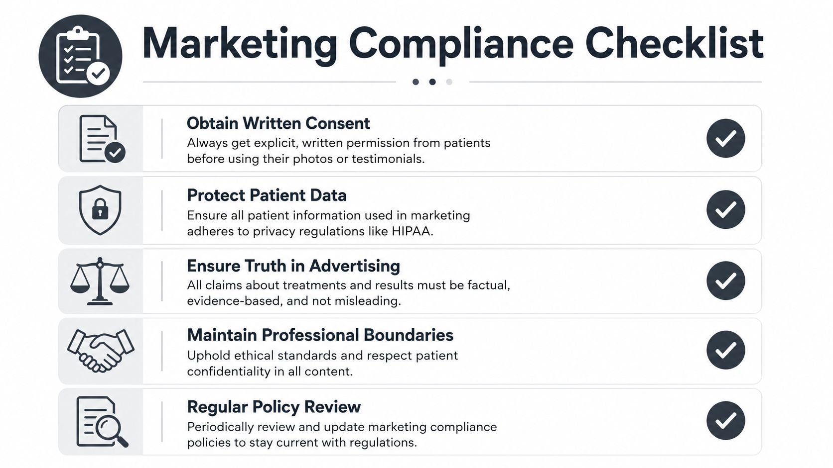 Clinic marketing compliance checklist with icons and checkmarks.