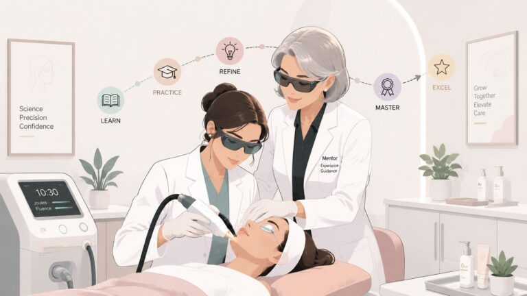 Two professionals performing laser skin treatment in a modern clinic.