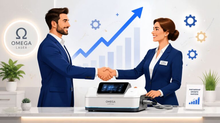 Business professionals shaking hands with Omega Laser device in background.