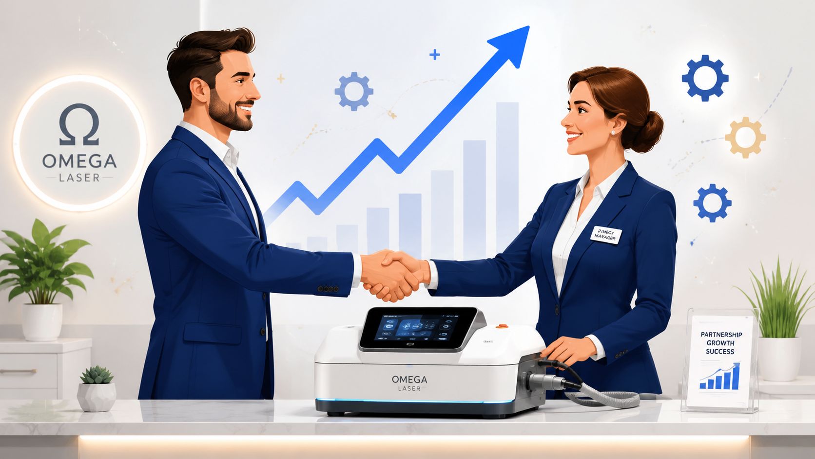 Business professionals shaking hands with Omega Laser device in background.
