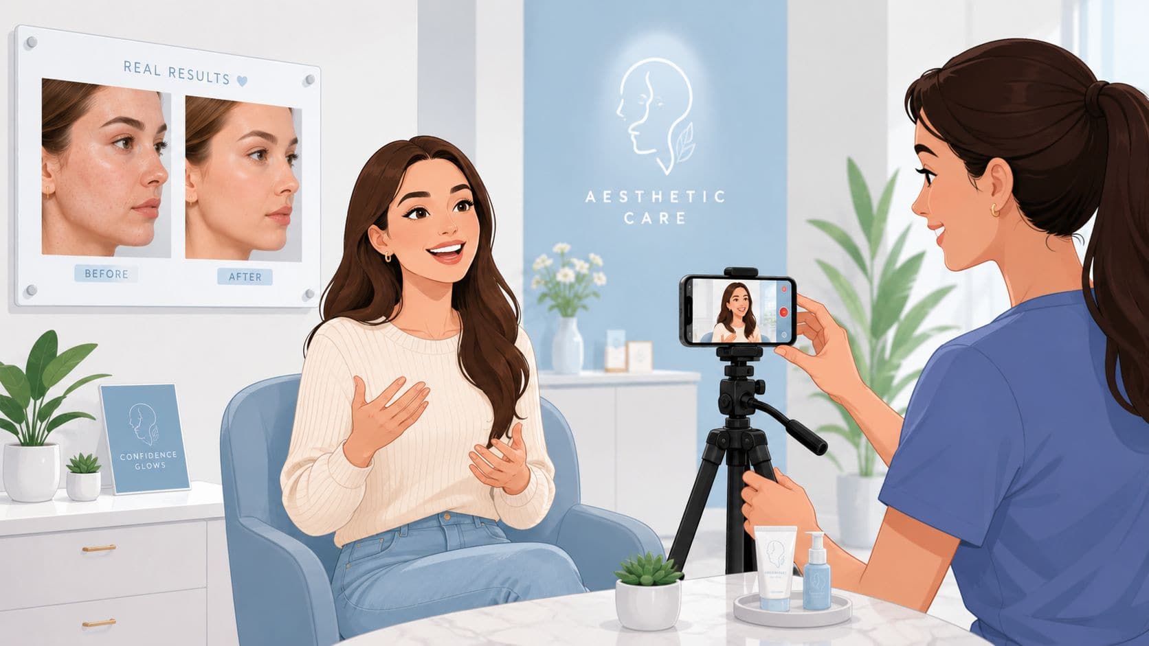 Woman sharing her skin treatment experience at Omega Lasers clinic.