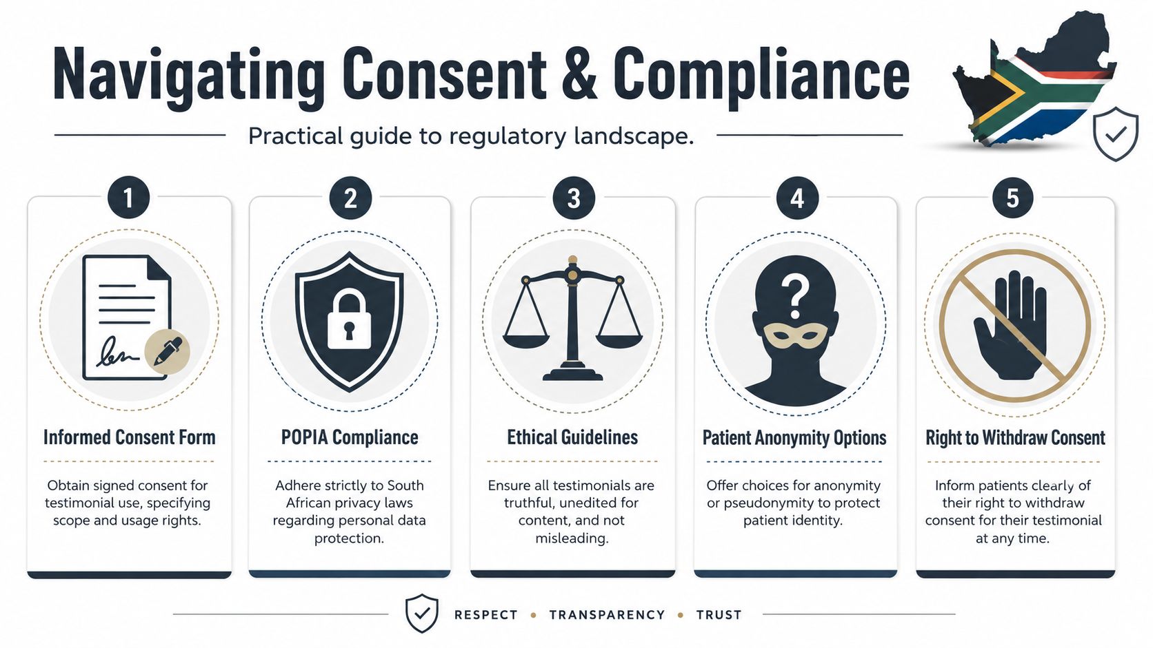 A guide on patient testimonials in South Africa covering informed consent, POPIA compliance, ethics, anonymity, and withdrawal rights.