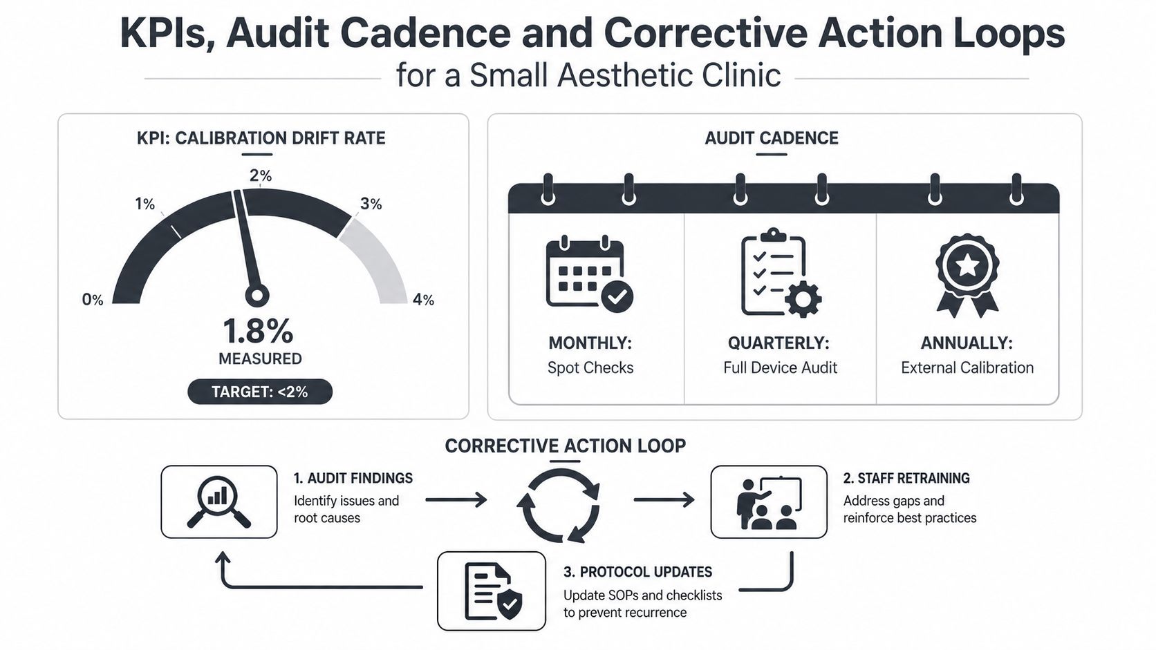 A diagram illustrating quality assurance procedures including calibration KPIs, audit schedules, and corrective action loops for aesthetic clinics.