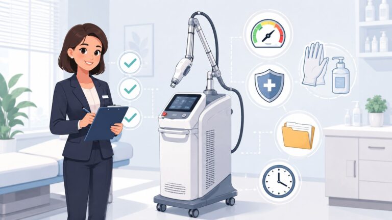 Medical professional with Omega Laser device for skin treatment.