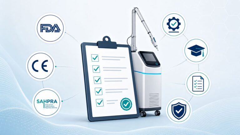 Medical laser device with certification icons and checklist.