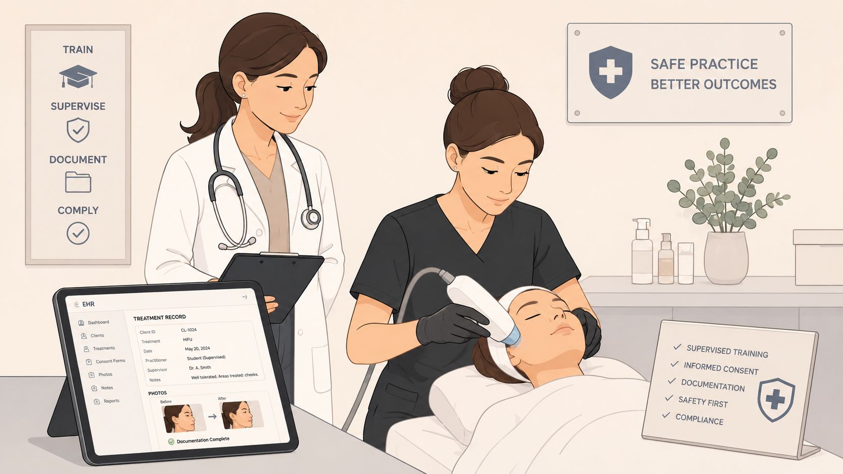 A medical professional supervising a trainee performing a cosmetic procedure in a professional clinic setting.