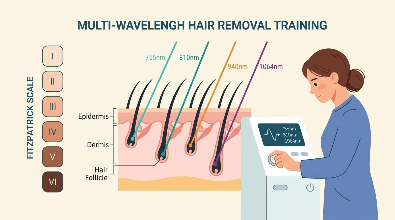 A professional explaining multi-wavelength laser hair removal technology with the Fitzpatrick skin tone scale diagram.