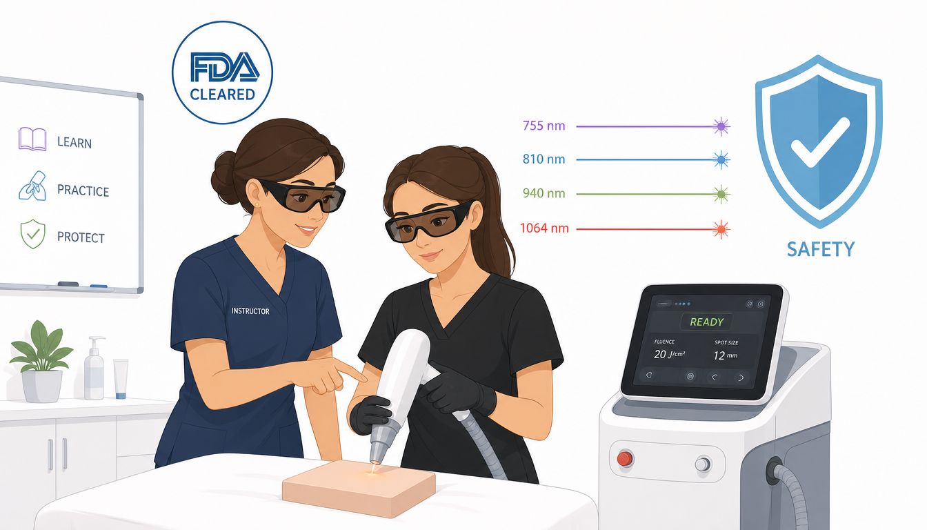 An instructor guiding a student on how to use a professional laser hair removal device safely.
