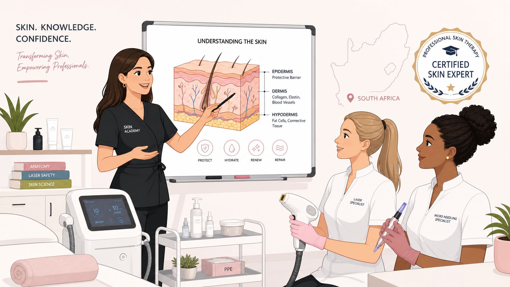 Skilled professionals explaining skin layers and laser treatments at Omega Lasers.
