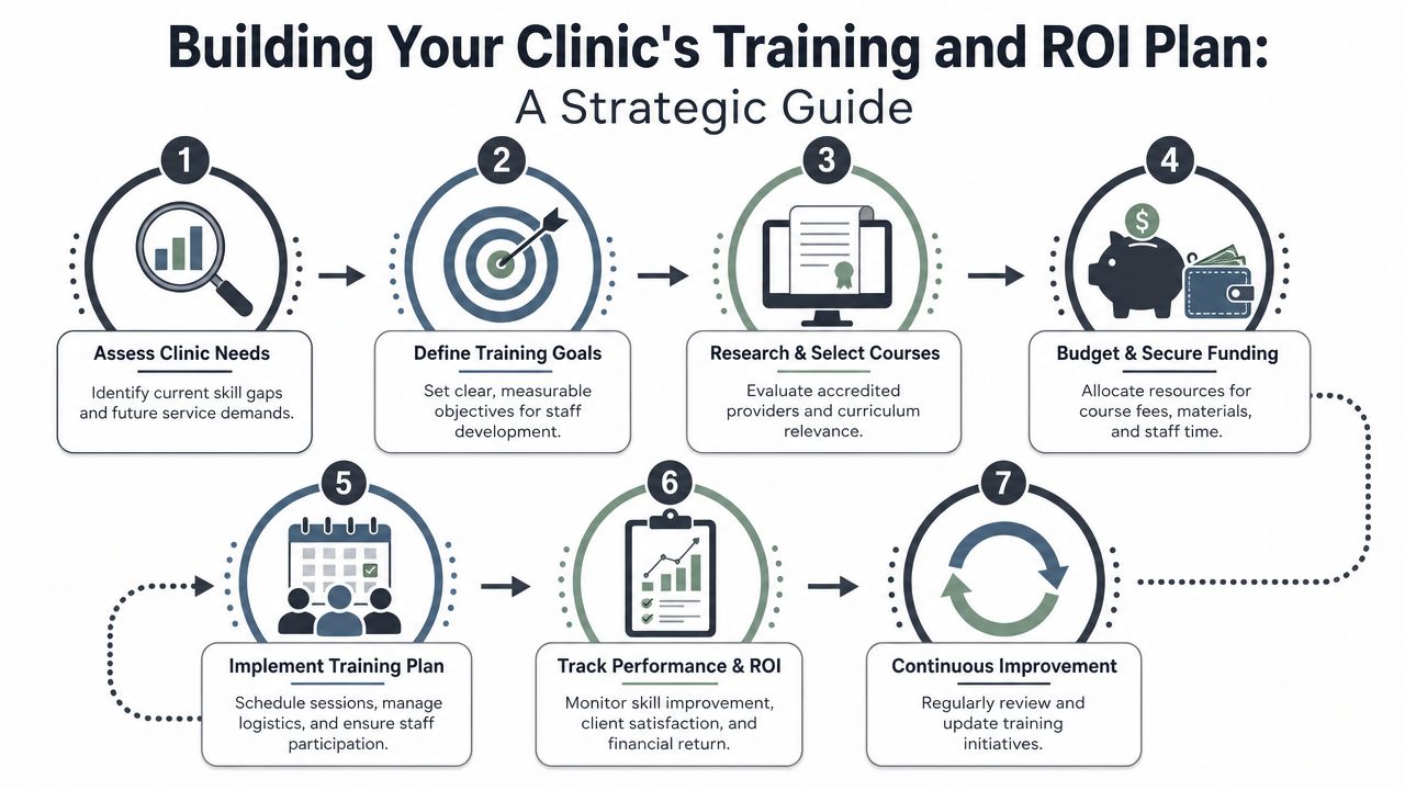 Clinic training and ROI plan infographic with steps from needs assessment to continuous improvement.