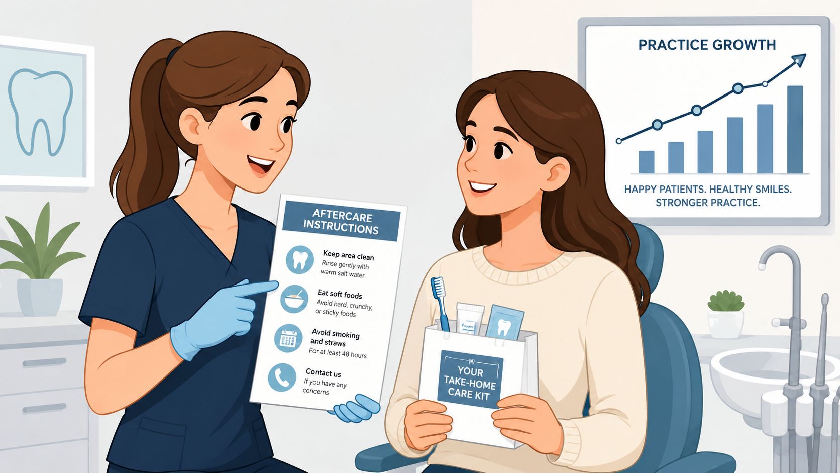 Uma dentista explica as instruções de cuidados pós-tratamento a uma paciente que tem nas mãos um kit de higiene dentária.