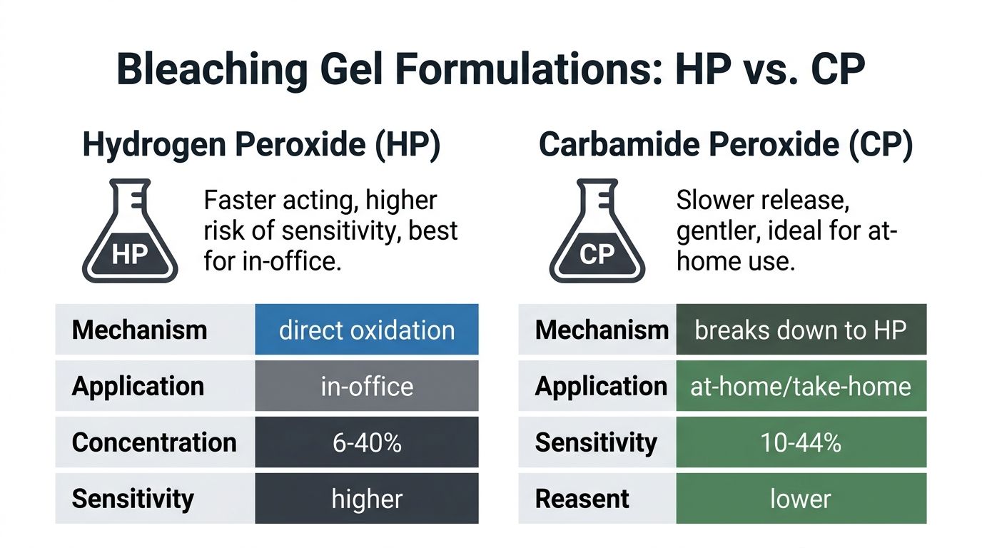 Um quadro comparativo que mostra as diferenças entre o peróxido de hidrogénio e o peróxido de carbamida nas formulações de géis para branqueamento dentário.