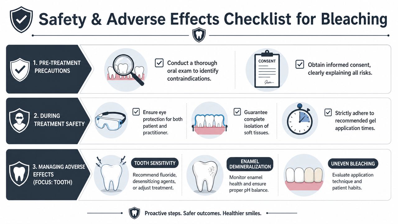 Um infográfico com uma lista de verificação de segurança para o branqueamento dentário profissional, que descreve as precauções pré-tratamento, os protocolos de segurança e a gestão dos efeitos adversos.