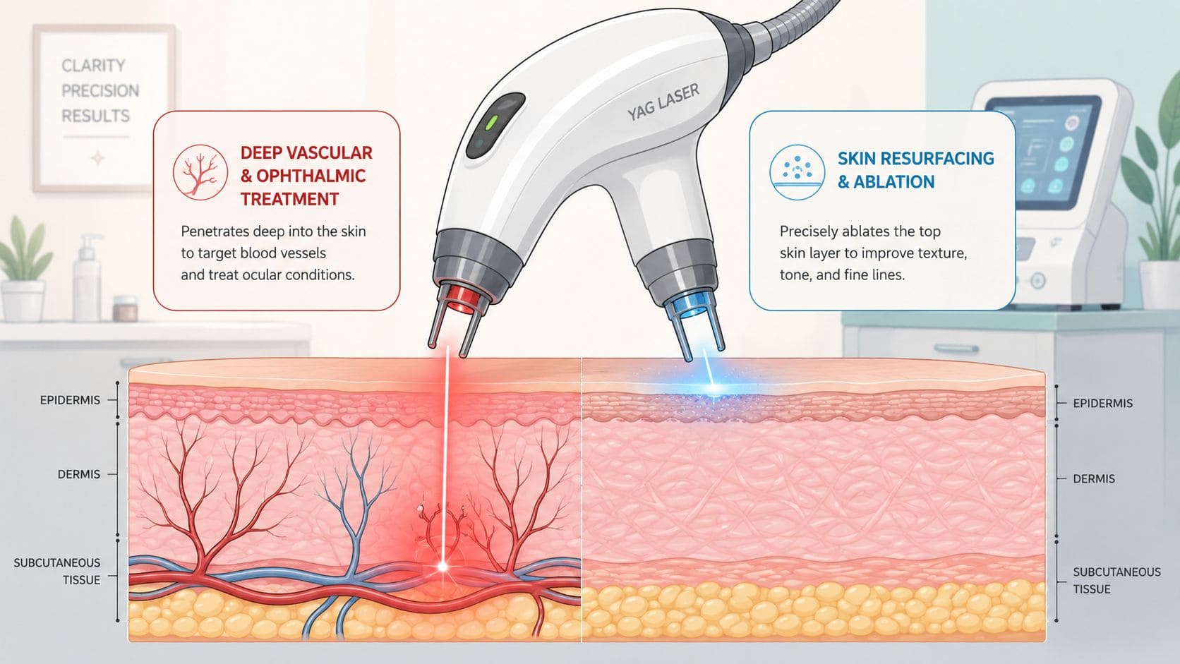 Omega Lasers device for vascular and skin resurfacing treatments in clinic.