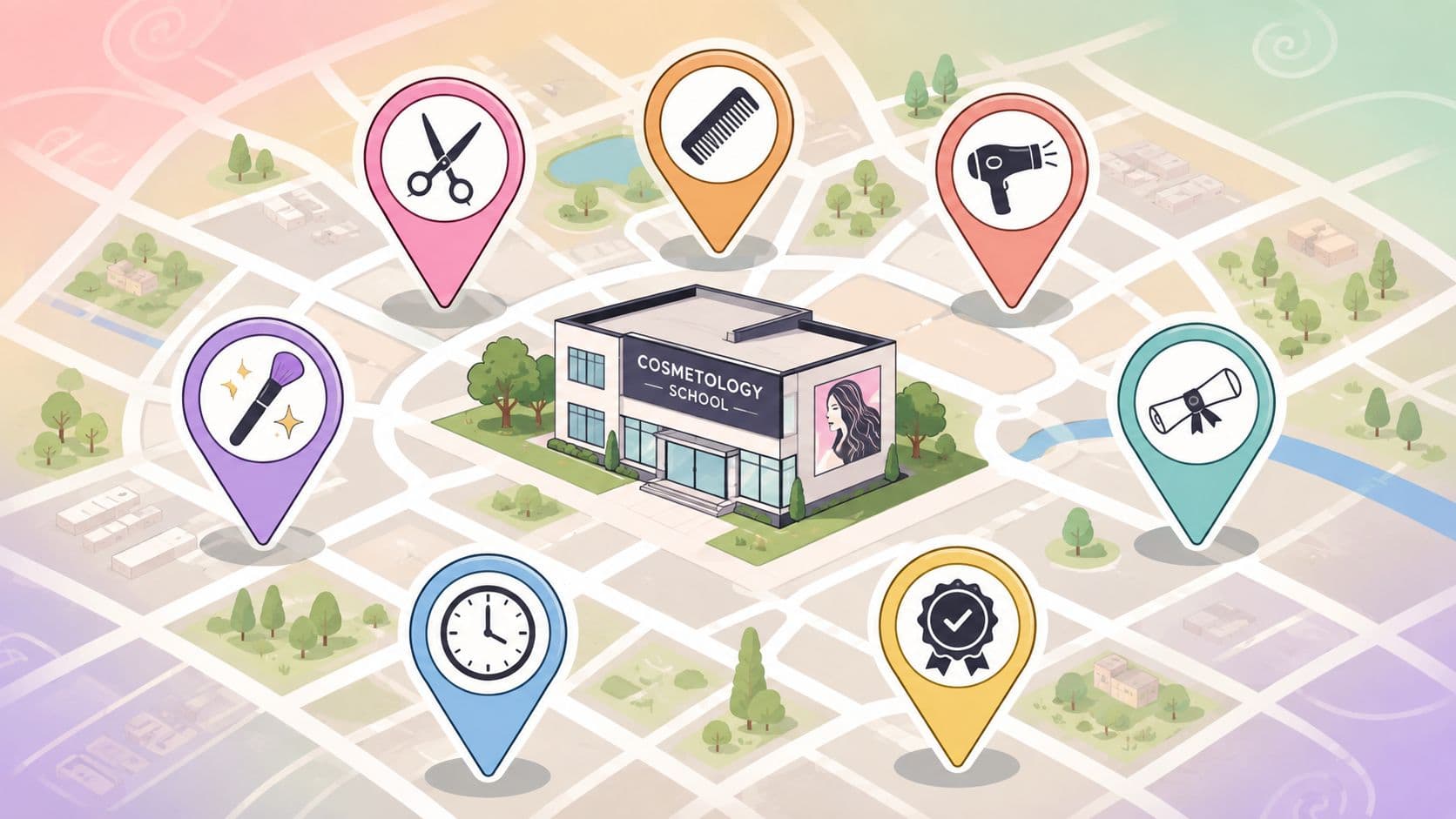 Illustrated map with a cosmetology school surrounded by pins for hairdressing, make-up and certification.