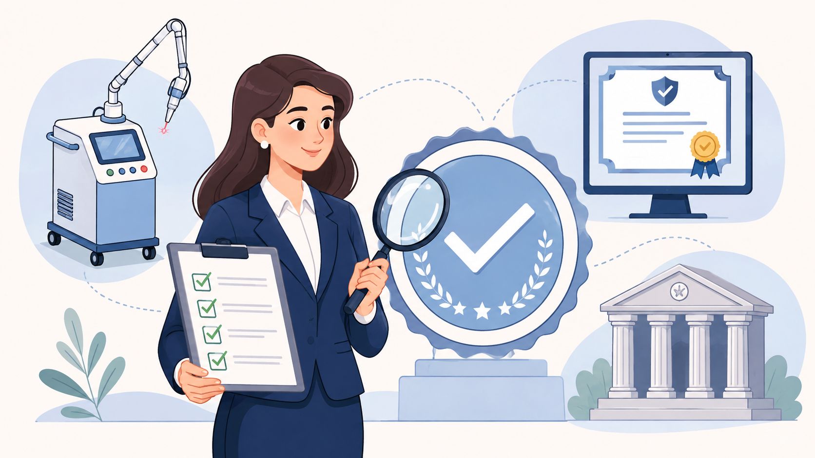 Woman with a checklist and magnifying glass checking a training provider's accreditation badge and certificate.